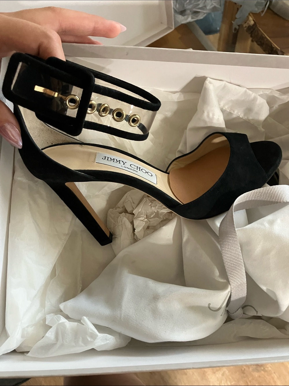 Jimmy Choo Black Suede Ankle-Strap Stilettos with Gold Eyelet Detail